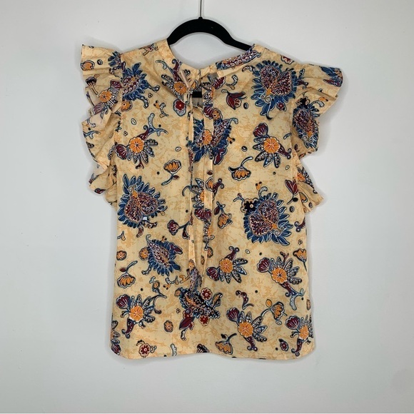 Elie Tahari Floral Ruffle Sleeve Blouse - Cream and Navy - Picture 5 of 11